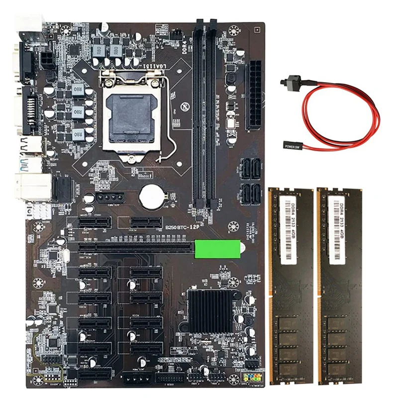 

B250 BTC Mining Motherboard 12 PCI-E16X Graph Card LGA 1151 with Switch Cable+ 2XDDR4 4GB 2133MHZ RAM