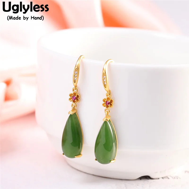 

Uglyless Elegant Water Drop Jasper Earrings for Women Natural Gemstones Dress Jewelry Gold 925 Silver Floral Brincos Green Jade