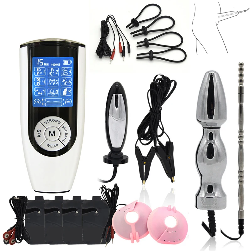 Электро шок комплект анальная пробка стимулятор пениса кольцо уретральная секс