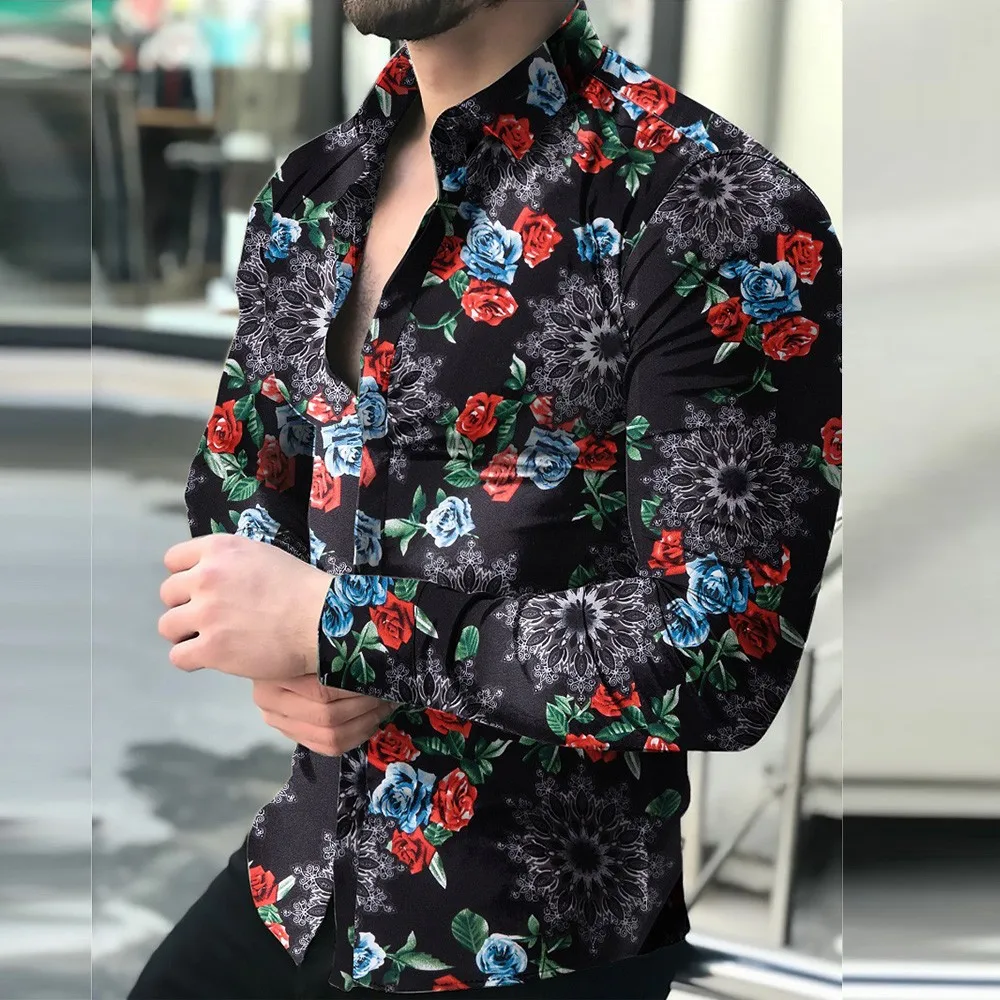 

Fashion Mens Casual Printed Shirt Slim Fit Formal Shirts Long Sleeve Button Down Tops Male Business National Style Lapel Shirt