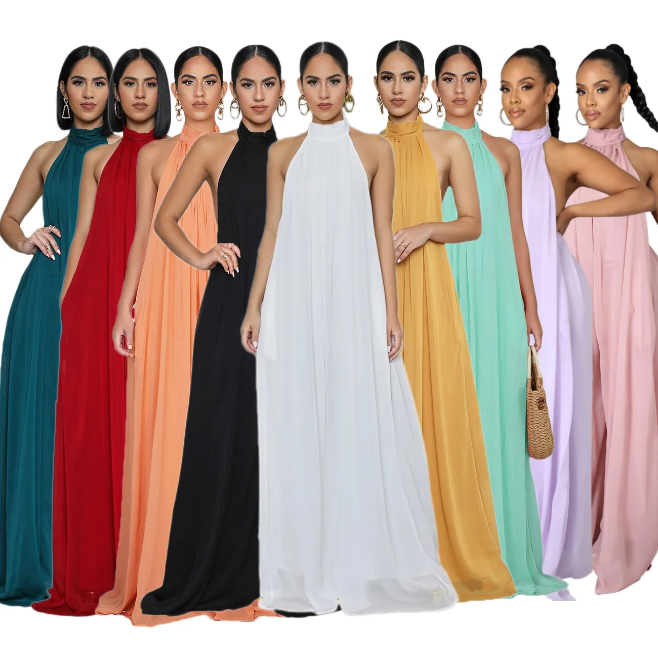 

PLY9342 European and American leisure Chiffon loose neck style open back women's Jumpsuit spot supply wholesale
