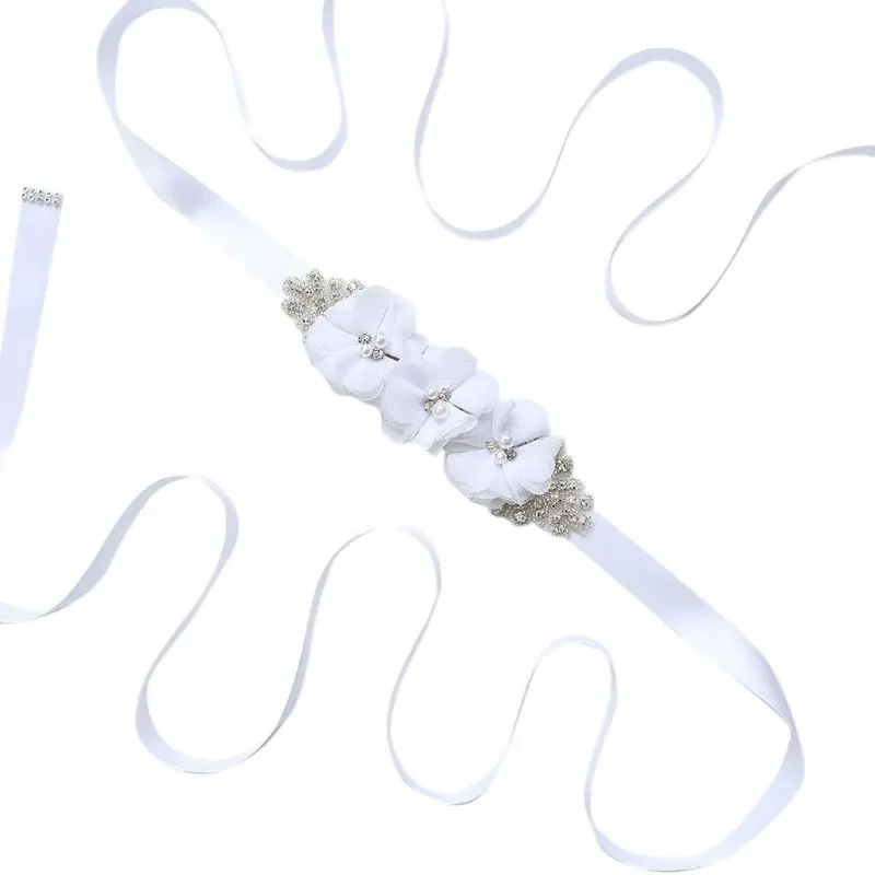 

L5YC 270x2cm Womens Elegant Three Flower Sash Rhinestone Beaded Waistband Bridal Ribbon Cummerbunds Wedding Dress Waist Belt 12