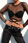 Женская ажурная Сексуальная сетчатая укороченная футболка с длинным рукавом, обтягивающая Прозрачная Футболка, футболки, клубная одежда