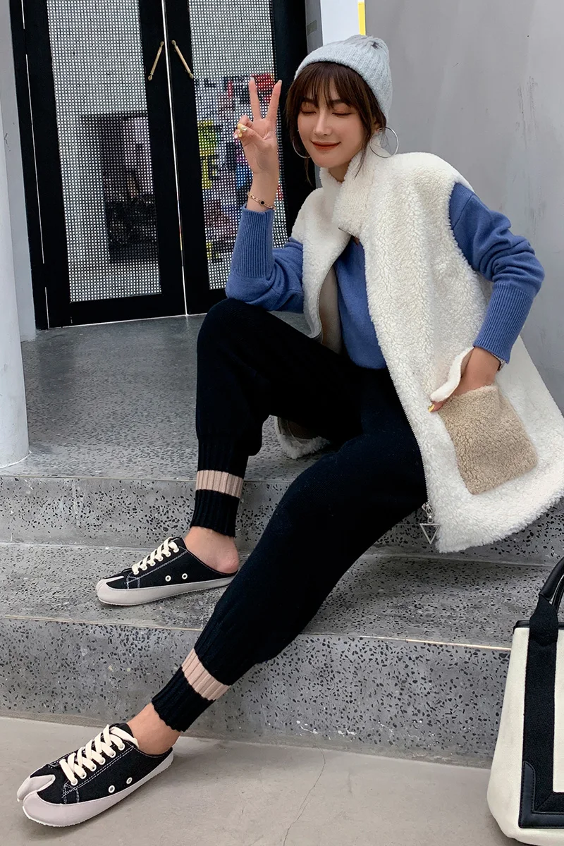 

BELIARST 2019 Autumn and Winter New Wool Pants Slim Fashion Mosaic Carrot Pants Women High Waist Pants Pants Knitted Warm Pants
