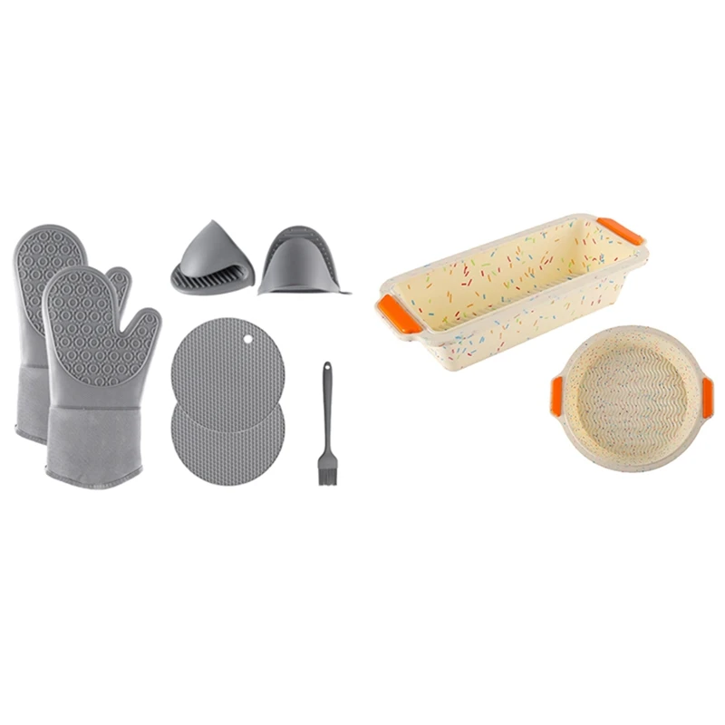 

1 Set Oven Mitts Pot Holder And Oil Brush Set & 2 Pcs Round Silicone Bread Mold Toast Mould Cake DIY Candy Mold