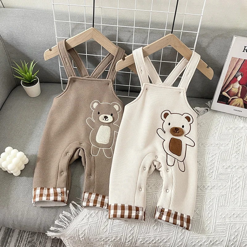 0-36M Baby Cute Bear Print Suspender Trousers Baby Boy Girl Clothes Plus Velvet Overalls Jumpsuit Fall Winter Kid Pants Outfit