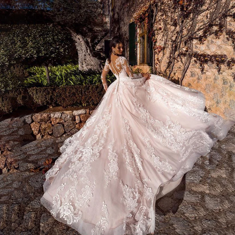 

YILIBER Lace wedding dresses a line long sleeve lace appliques bridal gowns court train princess style custom made