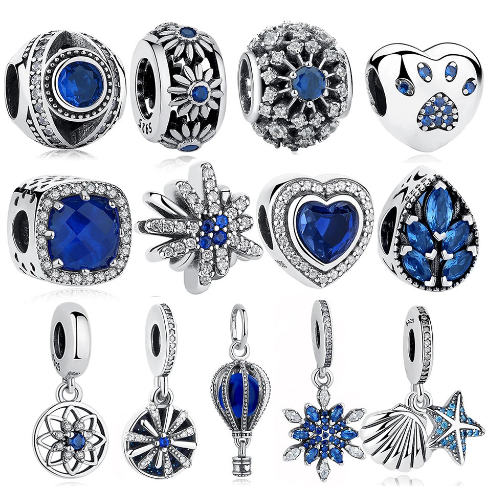 Бусины из стерлингового серебра 925 Синий CZ Сердце колесо обозрения повезло глаз