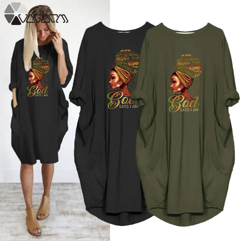 

Vintage Women Dresses Loose Beach Beauty Print Autumn Long Sleeve Pocket Casual o Neck Party Vestidos Femme Robe Streetwear
