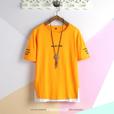 T19831 Yellow LIFENWENNA, уличная Хлопковая мужская футболка, Лоскутная, топ, футболка, Homme, хип-хоп, буквы, вышивка, короткий рукав, Мужская футболка, M-5XL - Цвет: T19831 Yellow
