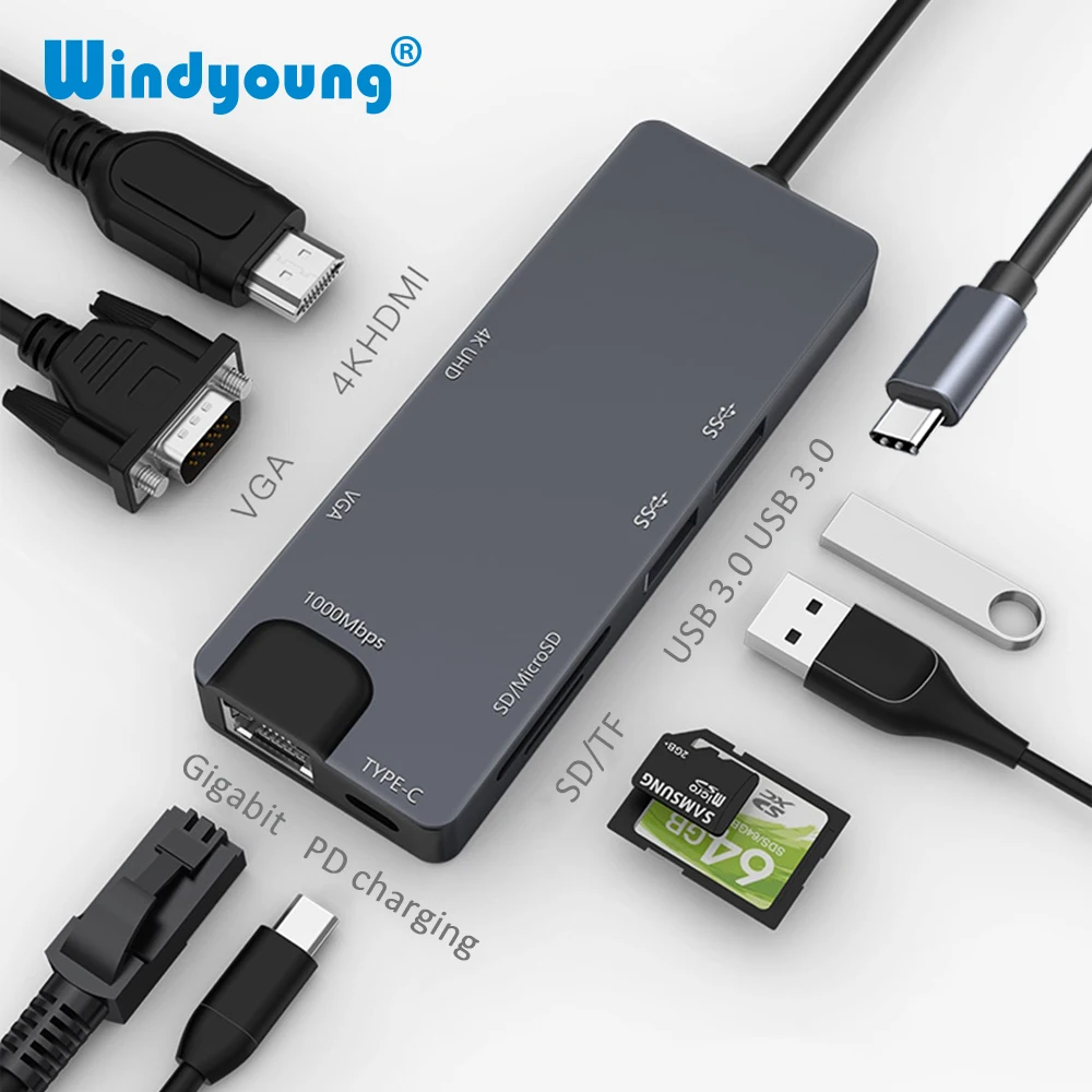 USB C концентратор типа для 3 0 HDMI 4K RJ45 Gigabit Ethernet VGA SD TF Card Reader Macbook Pro Huawei P20 pro адаптер