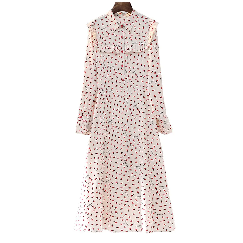 Early spring 2020 new Fashion floral flower print dress women Chiffon dresses turn down collar full sleeve long Dress | Женская одежда