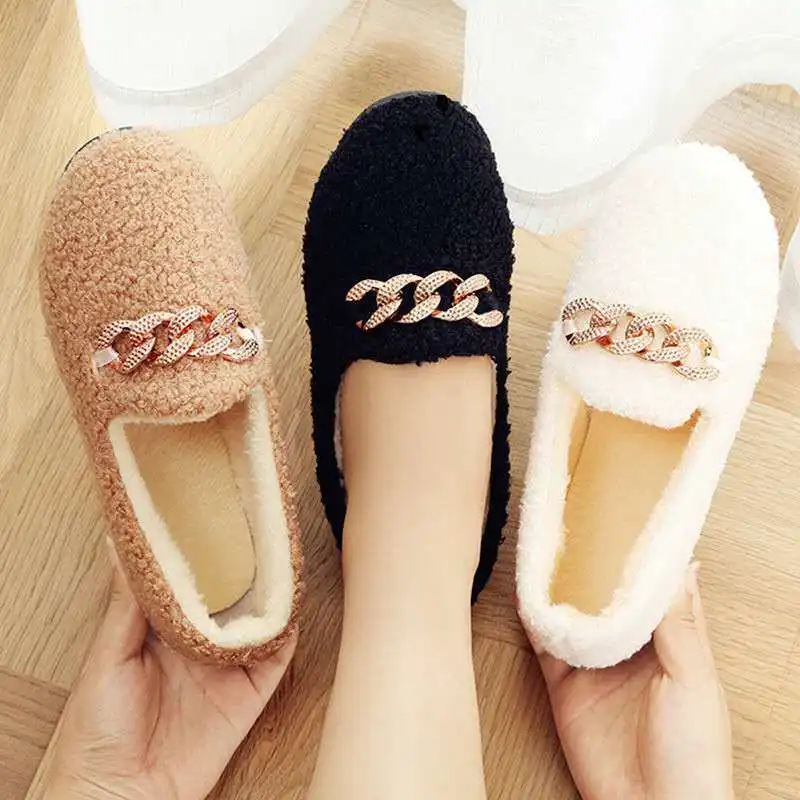 

2021 Winter New Ladies Warm Fluffy Peas Shoes Thick-Soled Non-Slip Wool Shoes Cute Metal Buckle Decorative Cotton Shoes