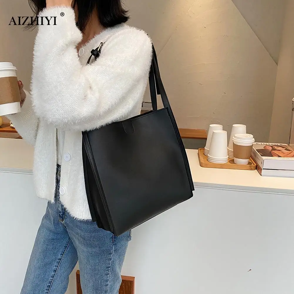

Fashion Solid Color Handbag Large Capacity Totes Women Simple PU Leather Shoulder Purse Portable Shopping Bags