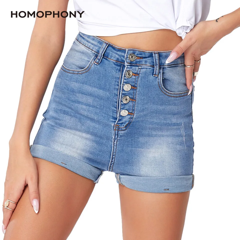 

HOMOPHONY Women Elastic Denim Shorts High Waist Summer Hot Short Jeans Y2K Summer Single Buttons Rolled Cuffs Slim Jean Shorts
