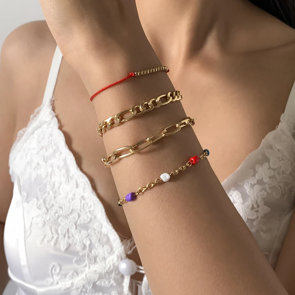 

Lacteo 4Pcs/Set Y2K Rainbow Acrylic Chain Bangle Bracelet Steampunk Cross Metal Chain Charm Bracelet 2021 Jewelry For Women