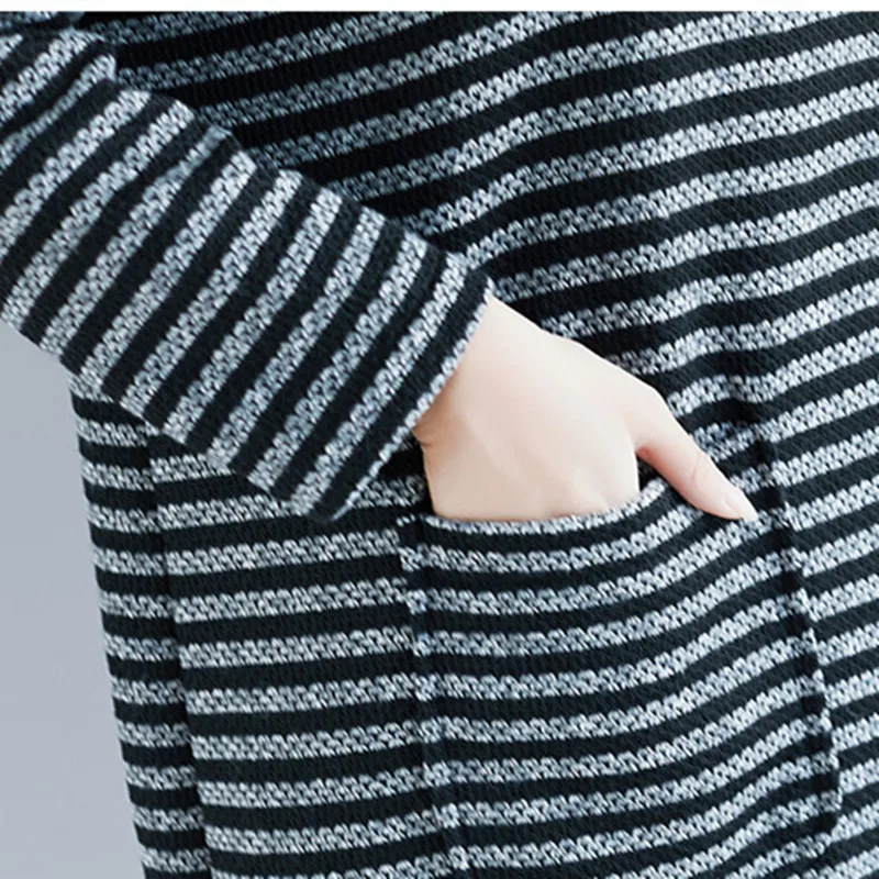 Новинка 2019 корейское Полосатое женское платье с высоким воротом Осеннее