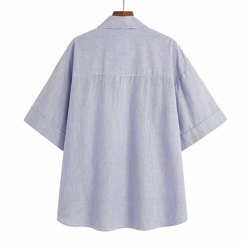 

ZA New Summer Women Blouse Striped Printed Half Sleeve Shirt Office Lady Female Loose Thin Top Single Breasted Blouse