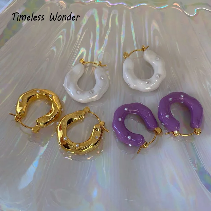 

Timeless Wonder Enamel Faux Pearl Geo Hoops Earrings for Women Designer Jewelry Goth Party Gift Punk Top Egirl Ins Mix Rare 5315
