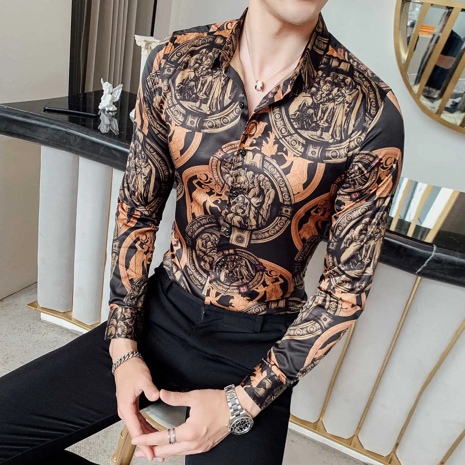 

High Stylish Quality Print Shirts For Men Clothes 2020 Streetwear Long Sleeve Mens Casual Shirt Slim Fit Dress New Tuxedo Shirt