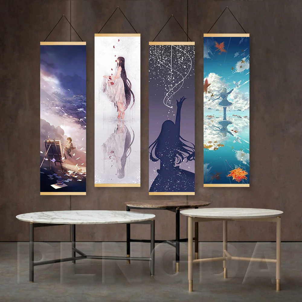 

Modern Wall Art Scenery Printed Canvas Nordic Style Anime Girl Solid Wood Hanging Poster Modern Scrolls Painting Home Decoration