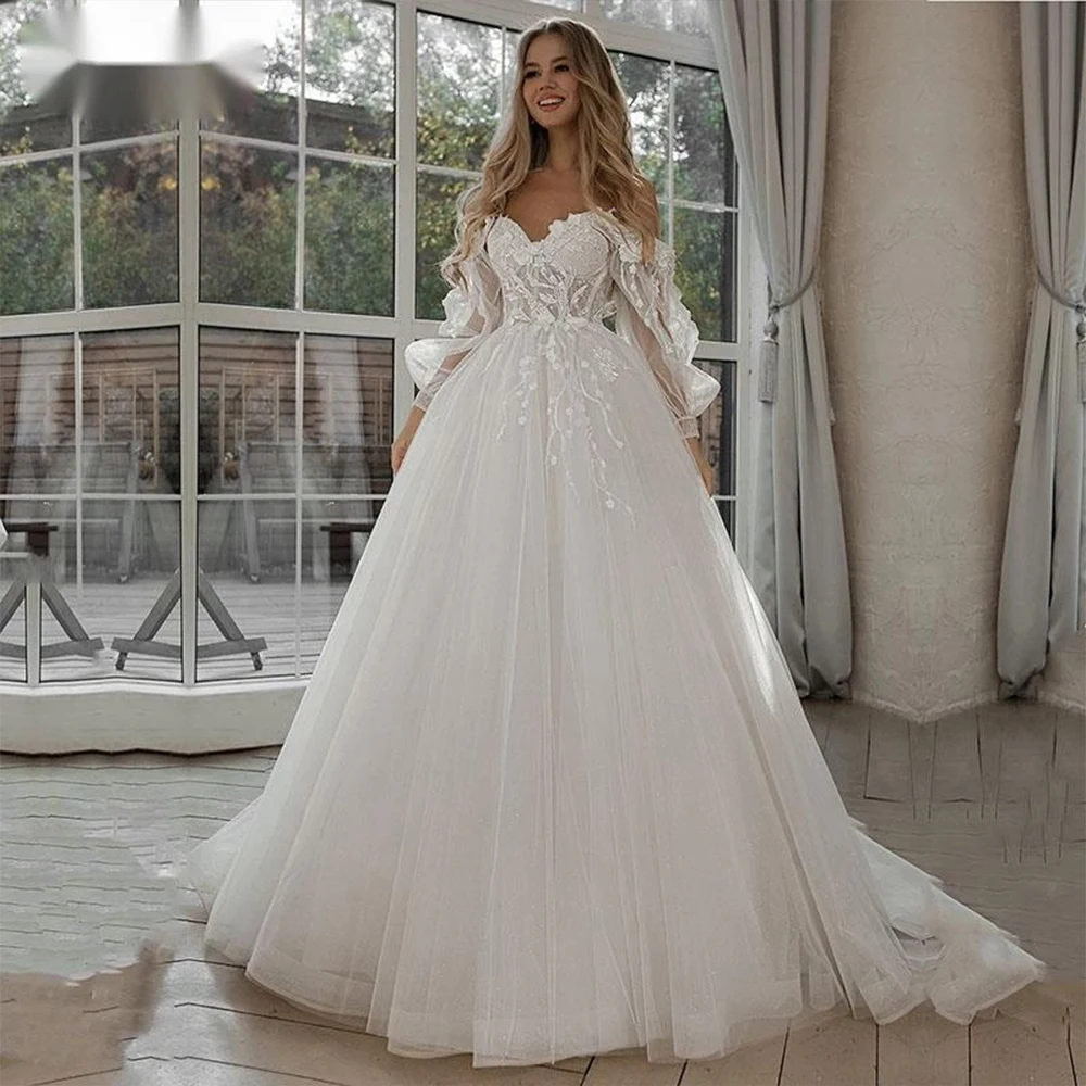 

2021 Glitter Wedding Dresses Puff Sleeve Appliques Lace Flowers Tulle Bride Gown