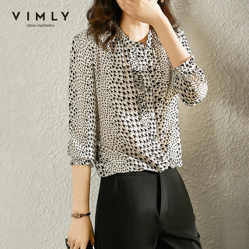 

VIMLY Houndstooth Shirt for Women Autumn 2021 Stand Collar Long Sleeve New Design Office Lady Fashion Shirts Blouse F9897