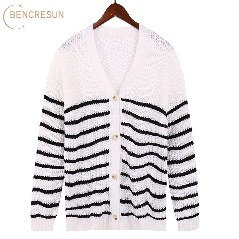 

Женский трикотажный кардиган в полоску, черный, коричневый или белый однобортный короткий свитер свободного покроя с V-образным вырезом, на ...