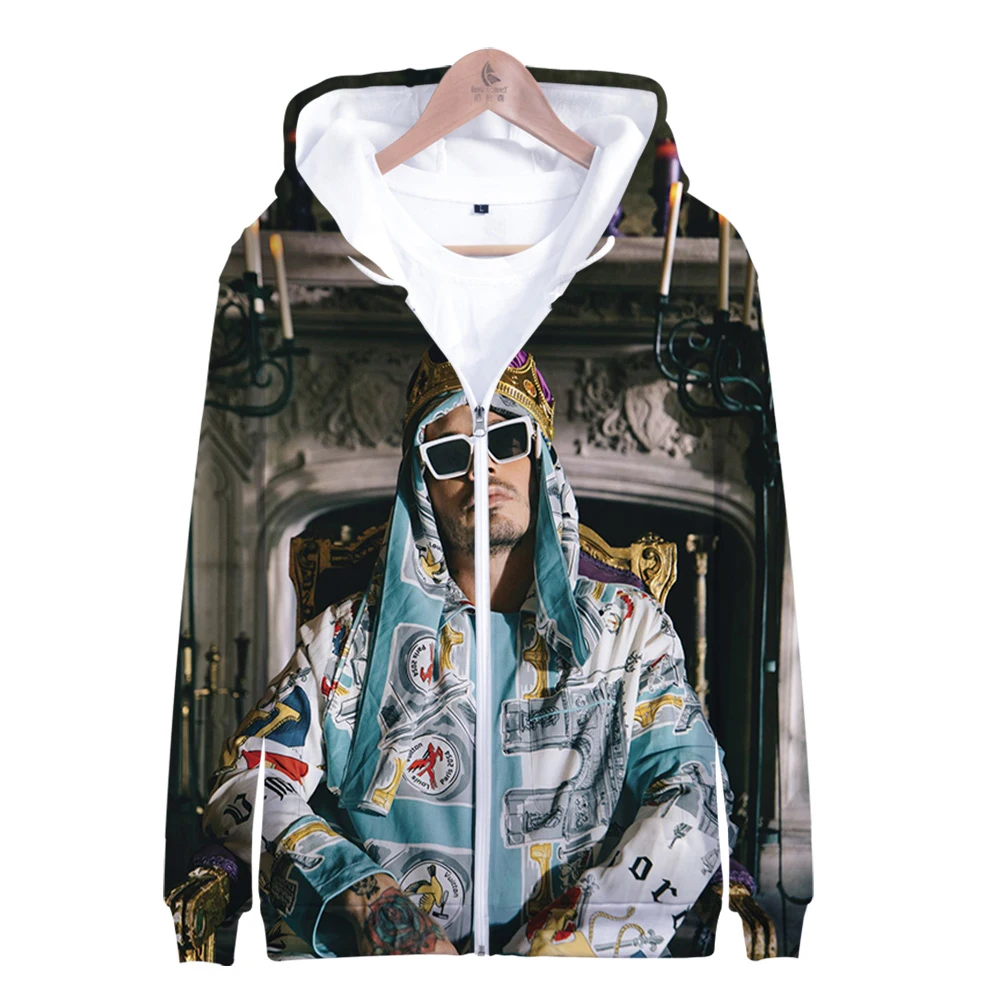 

Толстовка J BALVIN Мужская на молнии, свитшот с длинным рукавом и капюшоном, модная уличная одежда в стиле Харадзюку, большие размеры