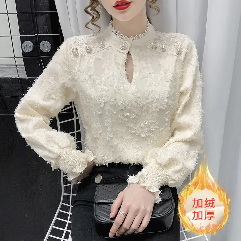 Женская Толстая рубашка с кружевом Осень зима 2020 корейский топ на пуговицах