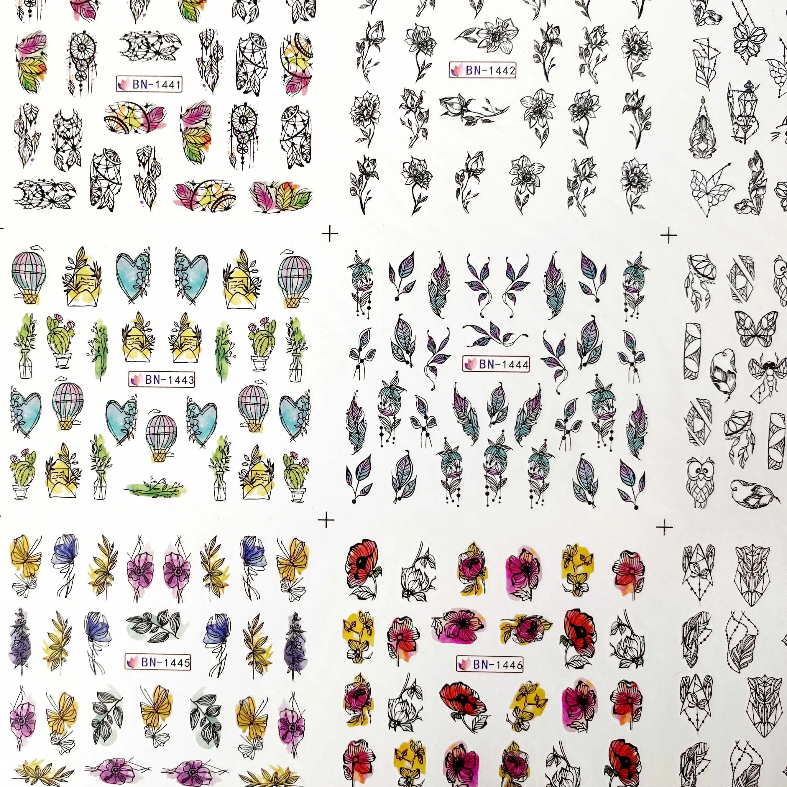 12 видов акварельных наклеек для ногтей в виде листьев с перьями птиц слайдер