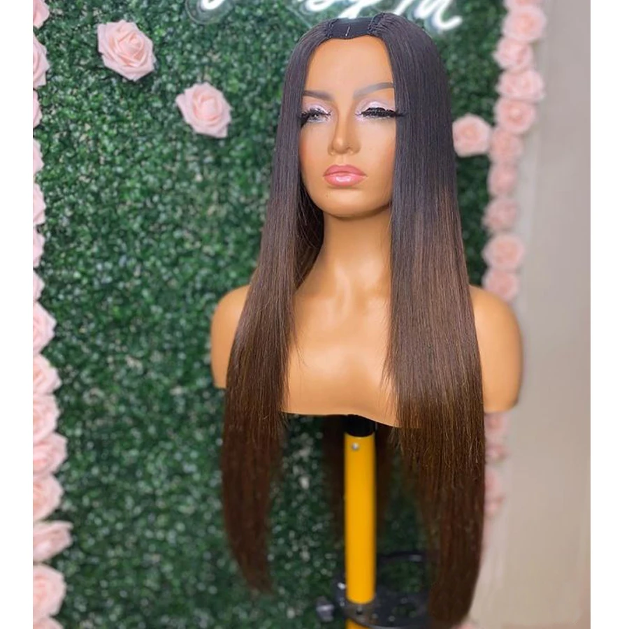 Brazilian Ombre Silky Straight 1x4 U Part Human Hair Wigs for Black Women 200Density Ombre Dark Brown Machine Made U Part Wigs
