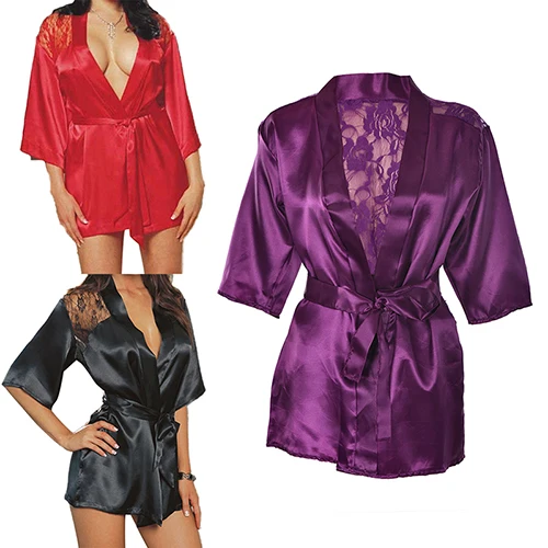 

1Pc Sexy Lingerie Silk Lace Black Kimono Intimate Sleepwear Robe Night Gown Black Purple Colors