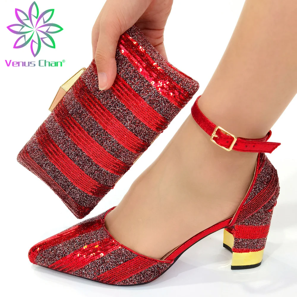 The Red Color Women Shoes and Bag Set with Shinning Ctystal High Quality New Design Shoes Matching Bag Set for Wedding Party