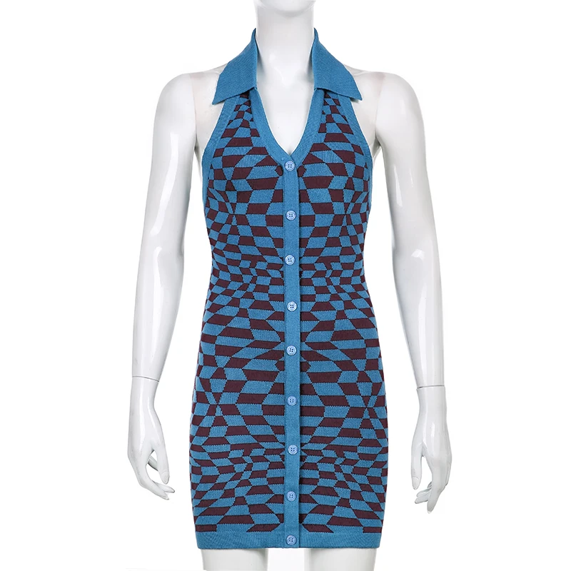 

Sleeveless Vintage Plaid Printed Y2K Knitted Dress Women Backless Button Up Backless Bodycon Mini Dress Sexy Club Beach Waatfaak