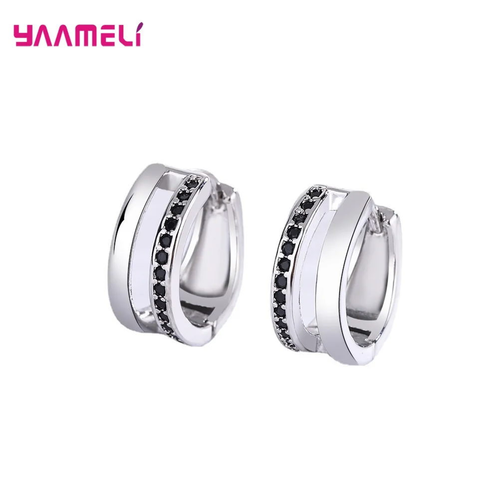 Женские серьги-кольца из серебра 925 пробы, с черной шпинелью