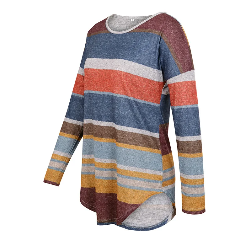 Повседневные весенние полосатые длинные рубашки с круглым вырезом 3 цвета