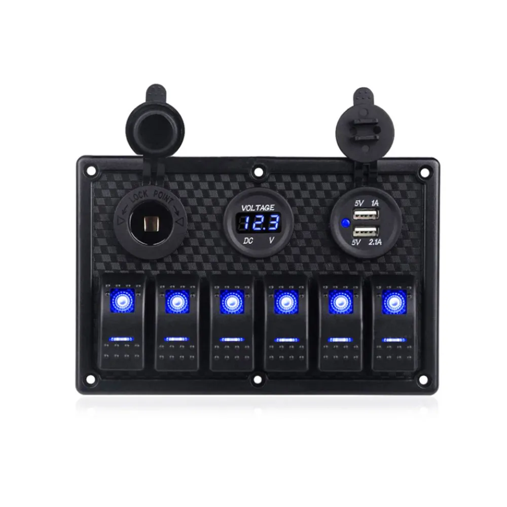 

6 Position Combination Button Switch Panel With 12V 24V Cigarette Lighter Voltmeter Dual USB Car Charger For Car Yacht RV