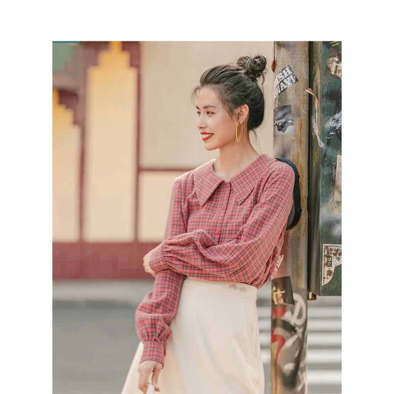 INMAN зима 2019 Новое поступление Ретро стиль 100% хлопок кукольный воротник клетчатая