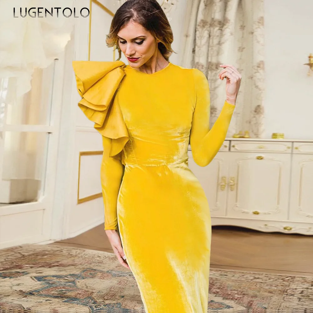 

Lugentolo Party Dress Women Long Sleeve Spring Autumn Slim High Waist Dresses Ladies Elegant Solid Ruffle Split Fork Long Dress
