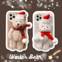 fluffy santa teddy bear with scarf whitebrown plush winter phone protect case for iphone78 plus xr xs max 11pro 12pro maxmini