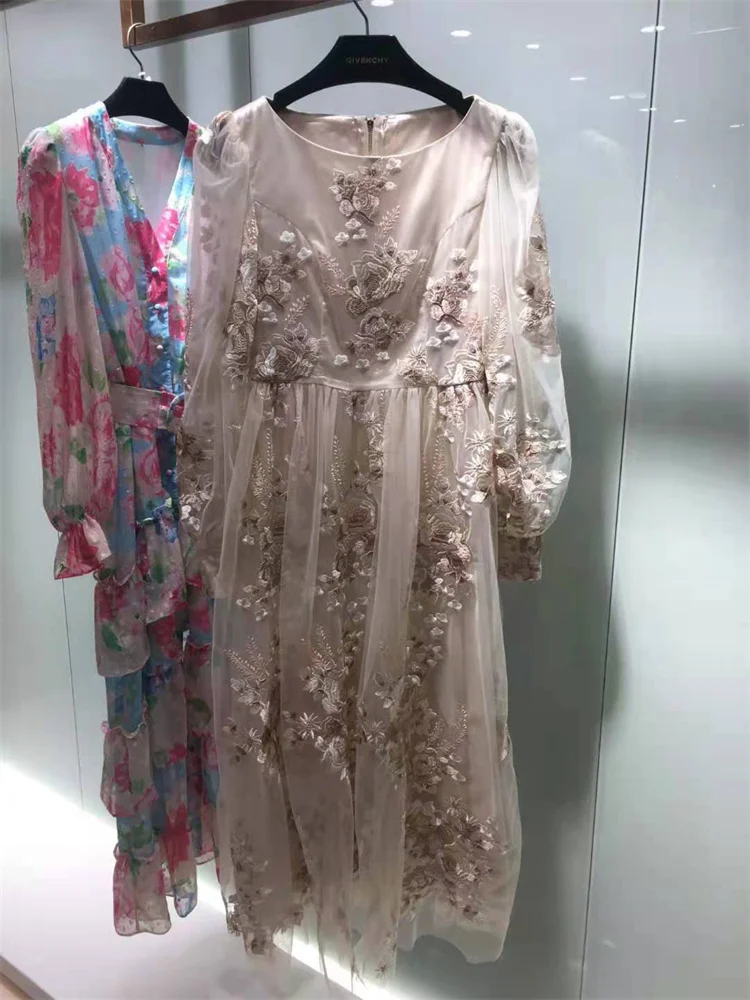 

Autumn dresses women 2021 new fashion designer mesh embroidery long dress high quality