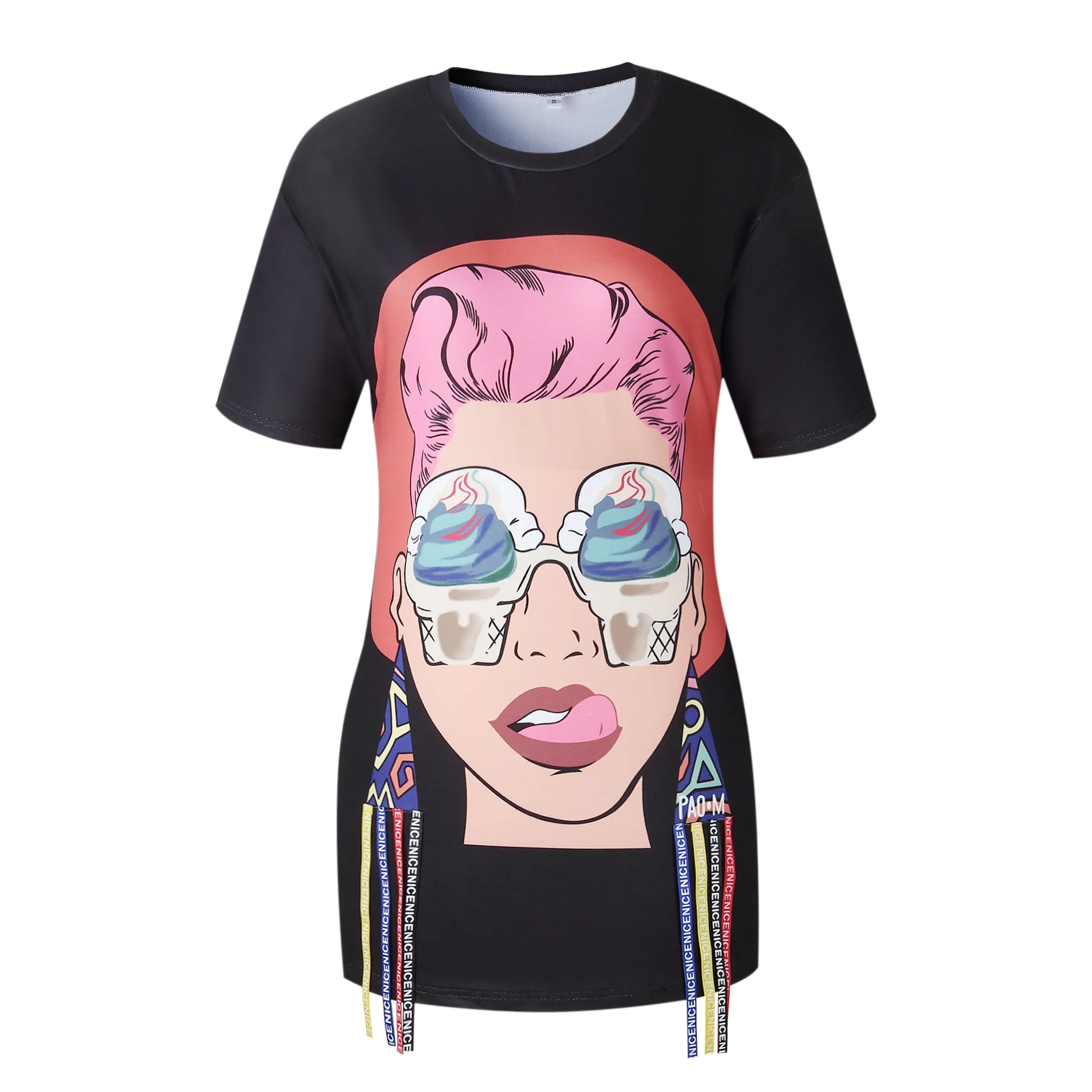 

Euramerican Summer Gothic Tees Women Abstract Cartoon T-shirt Casual Lady Head Portrait Print Tassel Short Sleeve Girls Tops