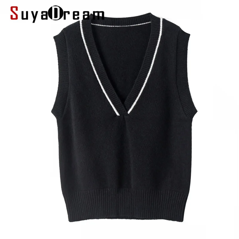 

SuyaDream Women Sweaters 100%Wool V neck Vests 2021 Fall Winter Wool Pullovers for Woman Knitted Tanks White Black