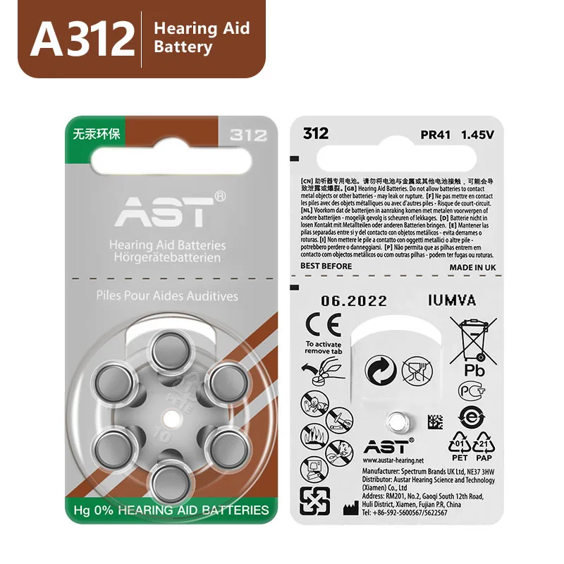 

AST Hearing Aid Batteries HG 0% 60 PCS A312 312A ZA312 312 PR41 Battery For BTE CIC RIC OE Hearing Aids Drop Shipping