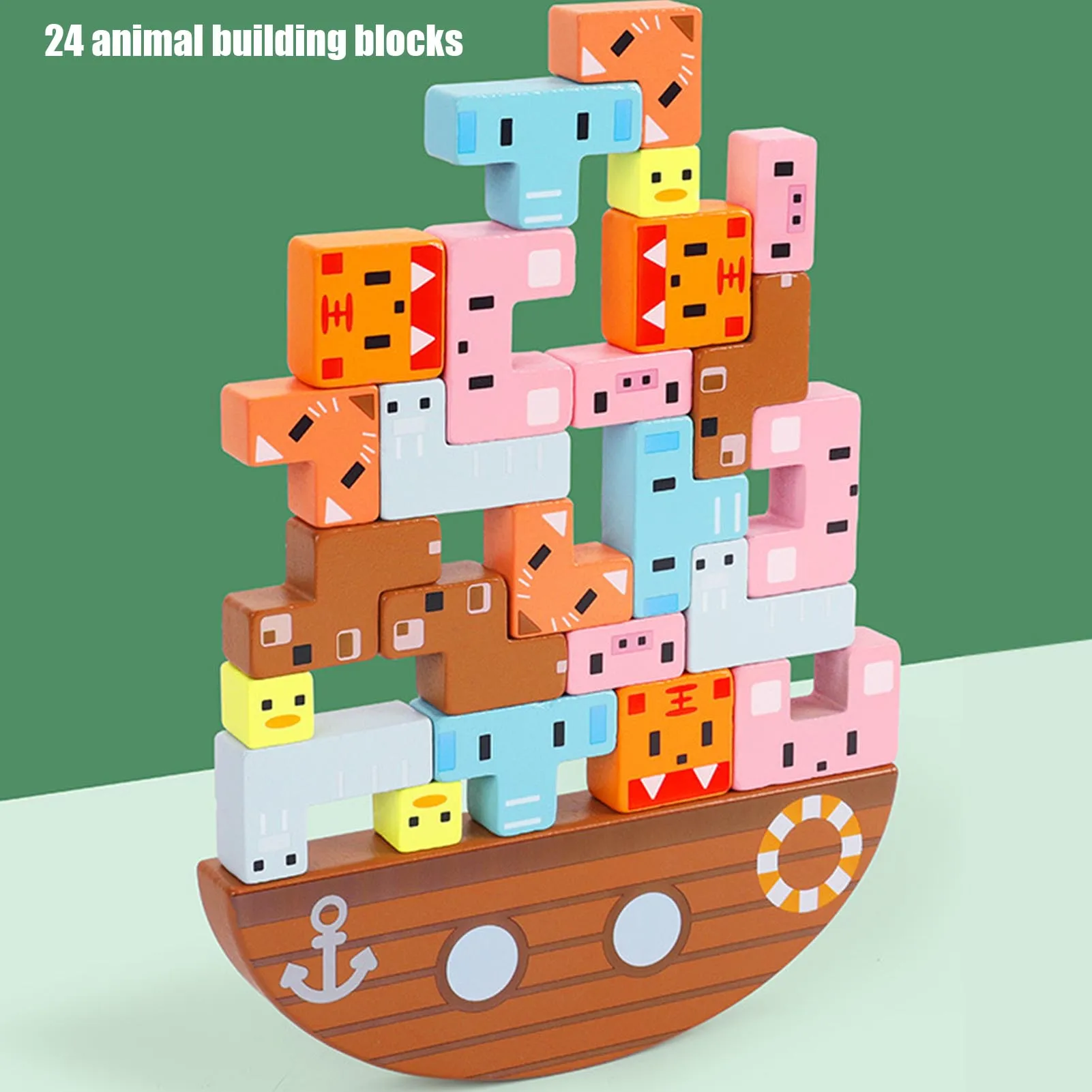 

Children Montessori Wooden Animal Balance Blocks Board Games Toy Dinosaur Educational Stacking High Building Block Wood Toy