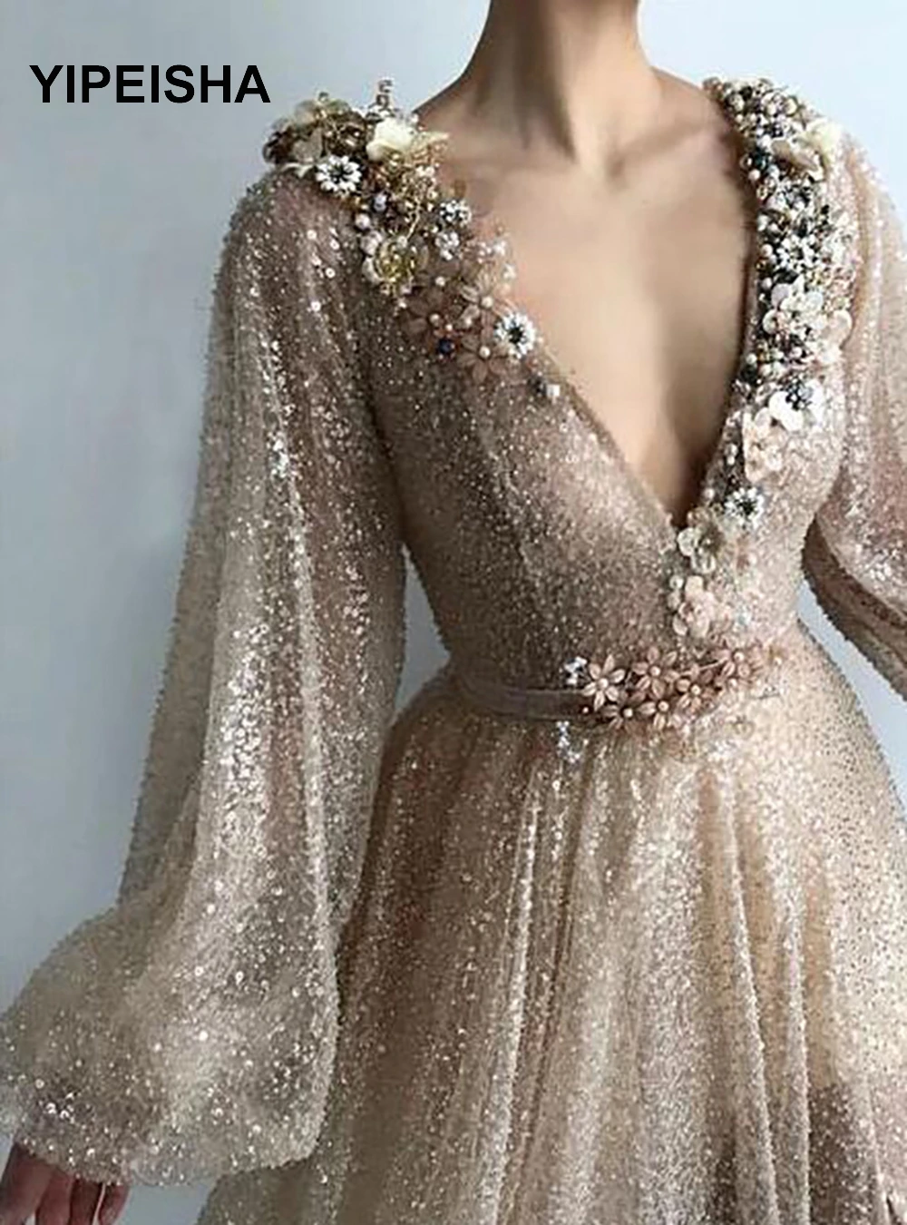 

Sparkly Glitter Low V-Neck Evening Dresses Puffy Long Sleeves Flowers Beading Prom Gowns Split Side Formal Evening Party Gown