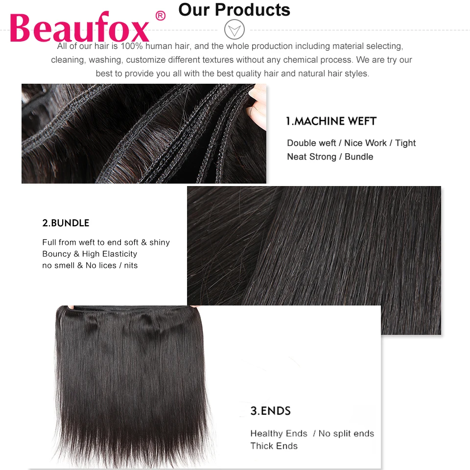 Волнистые бразильские волосы Beaufox пряди с закрытием прямые Remy человеческие 4