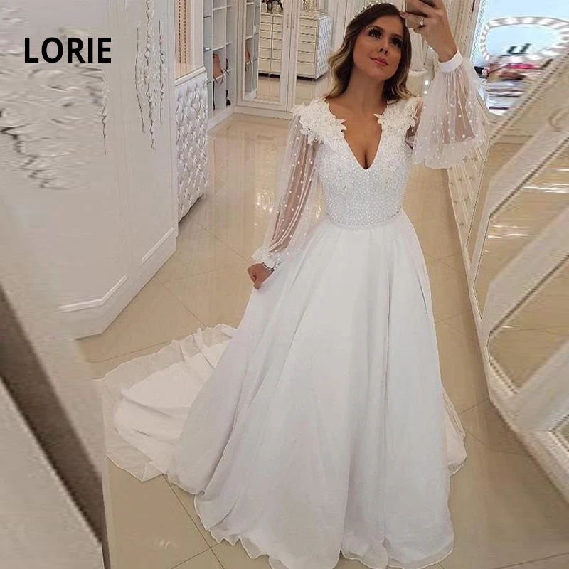 LORIE с длинным рукавом свадебное платье-бохо Кружева Аппликация с бисером юбка шифон трапециевидной формы пляжные свадебные платья принцесса вечернее платье