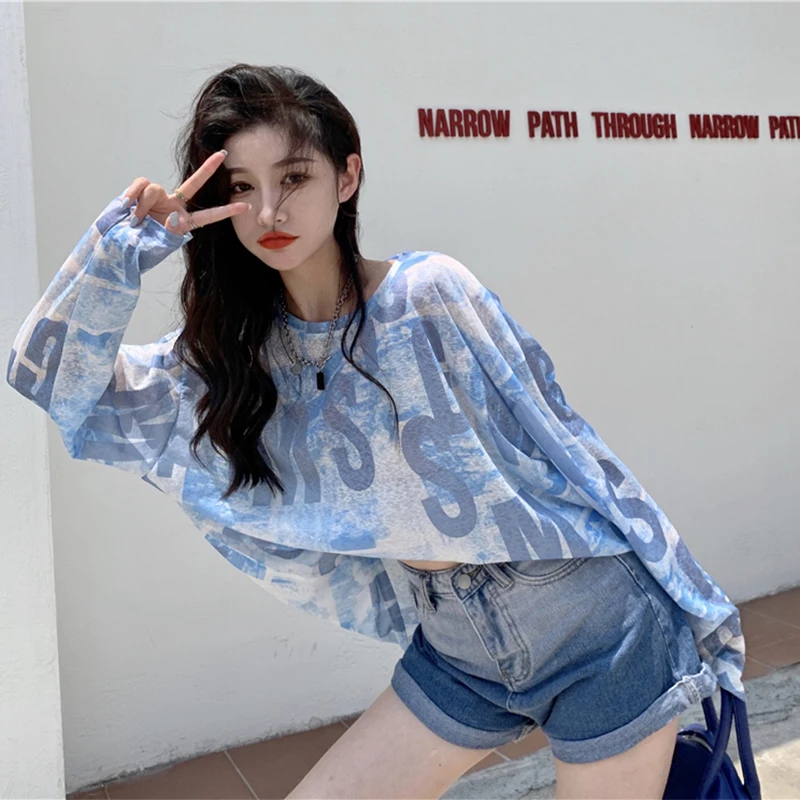 

Autumn 2021 New Arrived Shirts Women's Crew Neck Letter Casual Tops, Long Sleeve Tie Dye Print Loose Fit T-Shirt